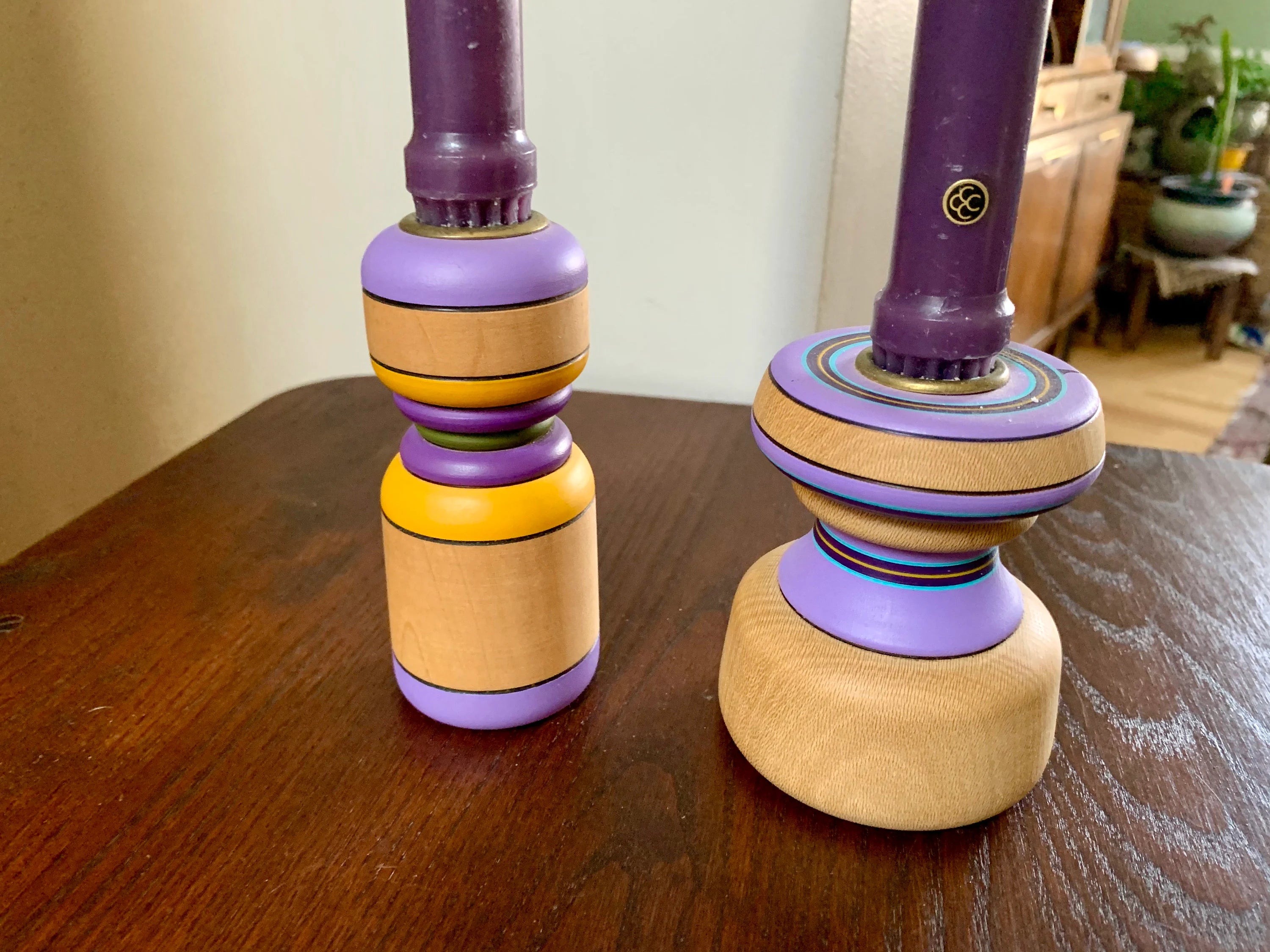 Vtg Turned Wood Candle Holders | Hand Painted Wood Candle Holders | Mid Century Candle Holders | Purple Candlesticks