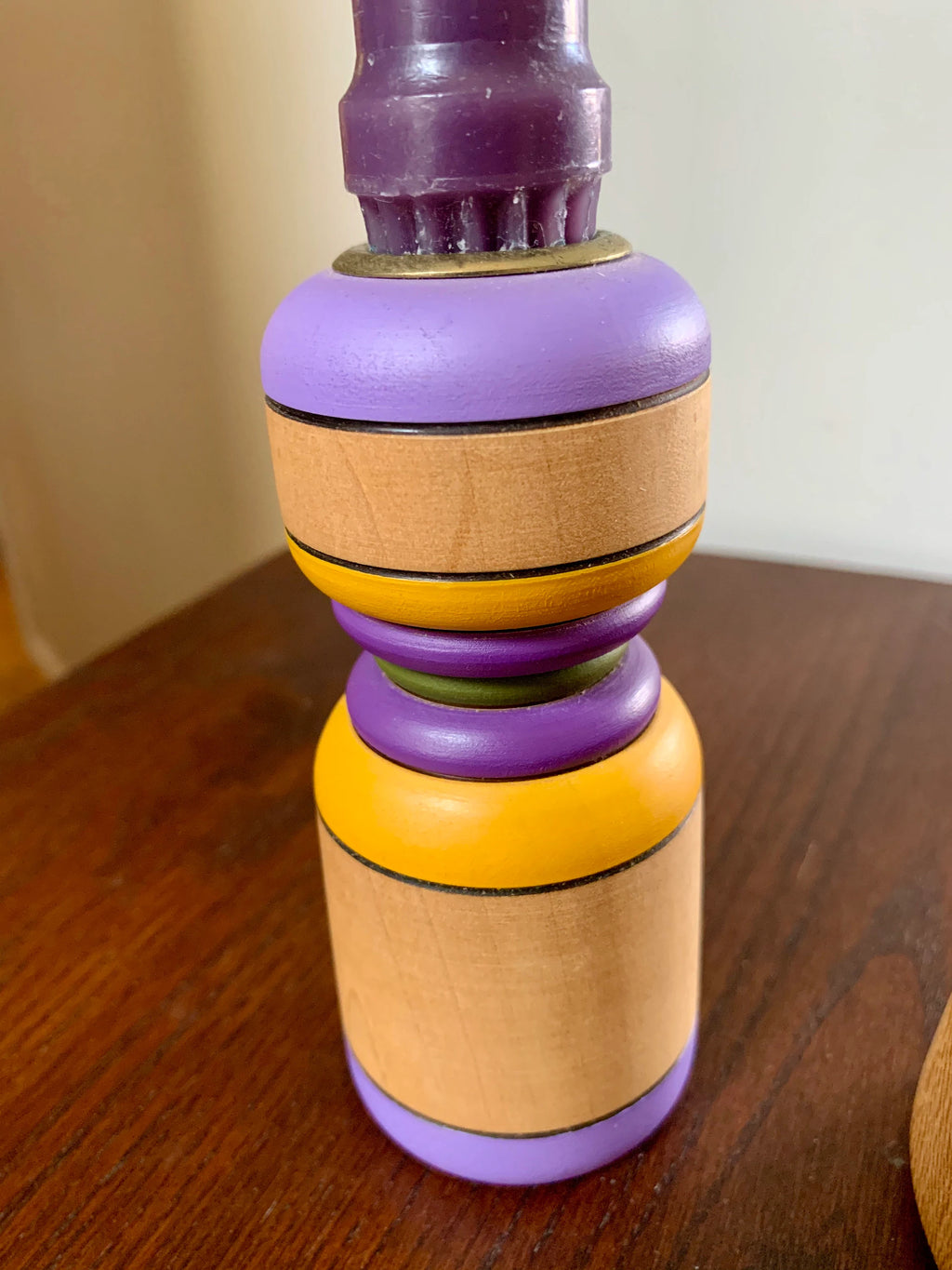 Vtg Turned Wood Candle Holders | Hand Painted Wood Candle Holders | Mid Century Candle Holders | Purple Candlesticks