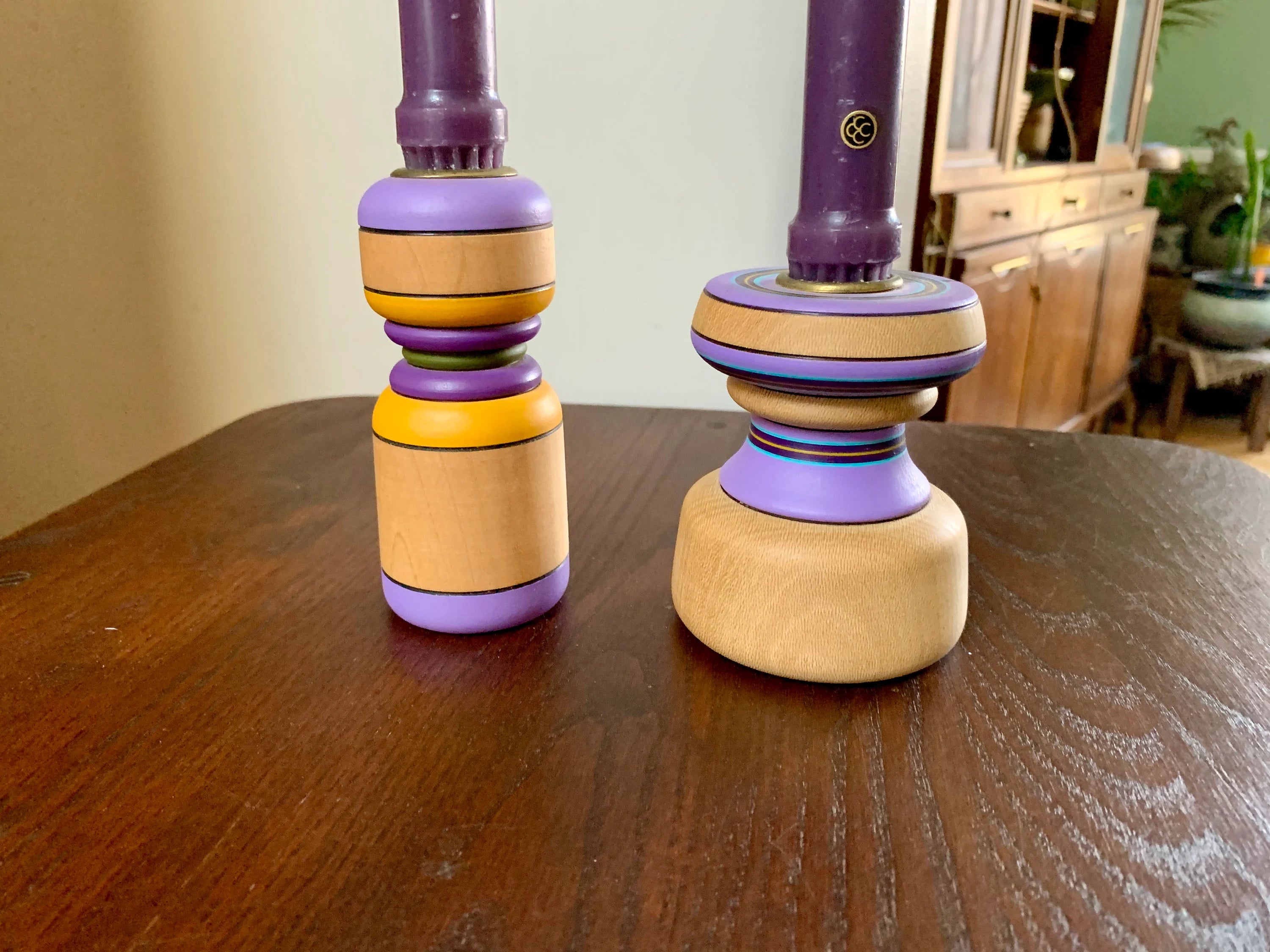 Vtg Turned Wood Candle Holders | Hand Painted Wood Candle Holders | Mid Century Candle Holders | Purple Candlesticks