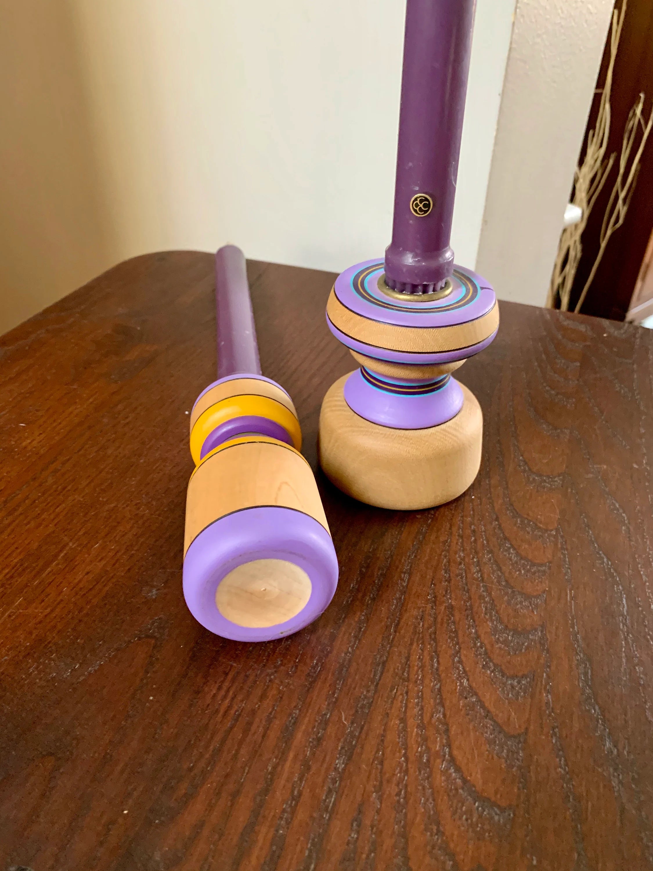 Vtg Turned Wood Candle Holders | Hand Painted Wood Candle Holders | Mid Century Candle Holders | Purple Candlesticks