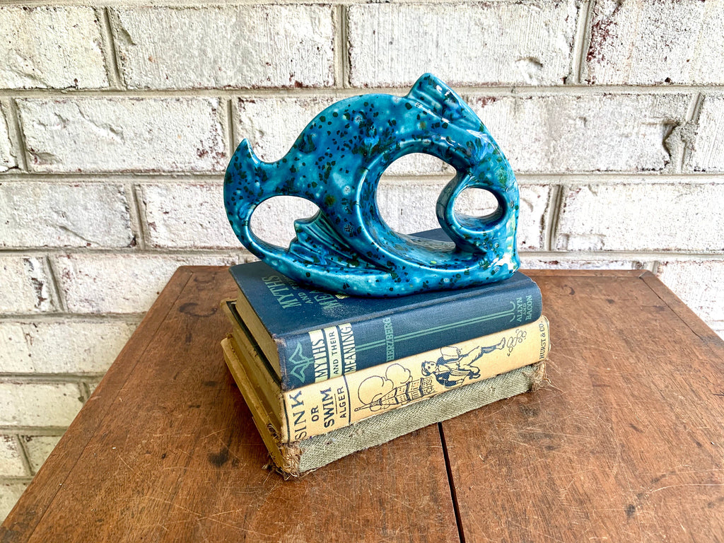 Mid Century Modern Abstract Ceramic Fish | Blue Speckled Art Deco Fish Sculpture | Ceramic Blue Speckled Fish Decor | MCM Bookshelf Deco