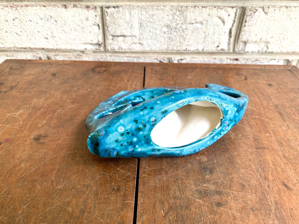 Mid Century Modern Abstract Ceramic Fish | Blue Speckled Art Deco Fish Sculpture | Ceramic Blue Speckled Fish Decor | MCM Bookshelf Deco