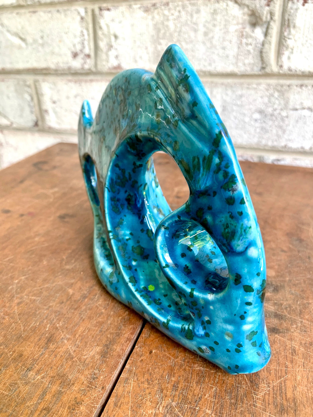 Mid Century Modern Abstract Ceramic Fish | Blue Speckled Art Deco Fish Sculpture | Ceramic Blue Speckled Fish Decor | MCM Bookshelf Deco