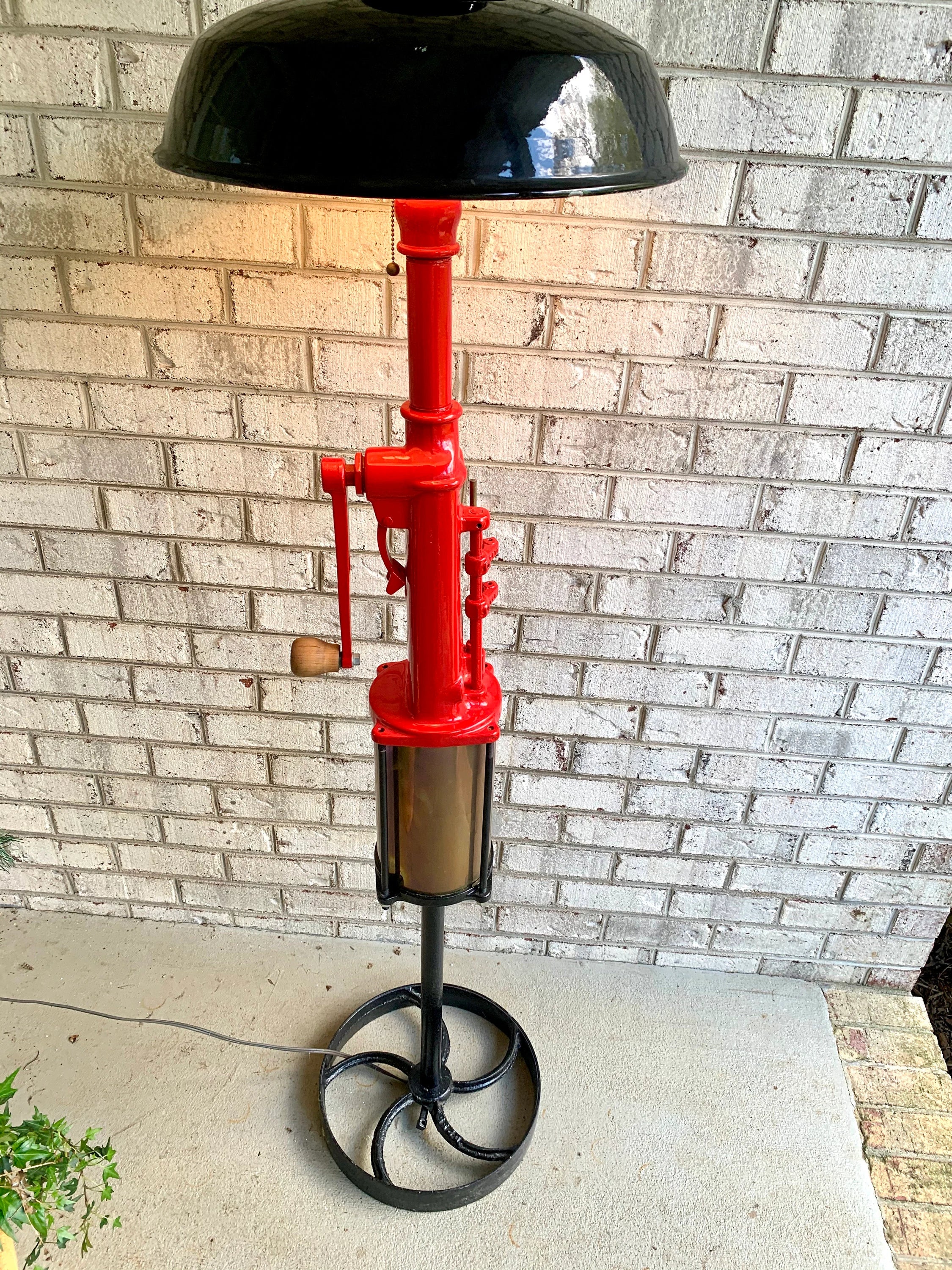 Antique Gasoline/Oil Hand Pump Lamp | Unique Petroleum Pump Lamp | Red and Black Hand Crank Gas Pump Floor Lamp | Garage Lamp