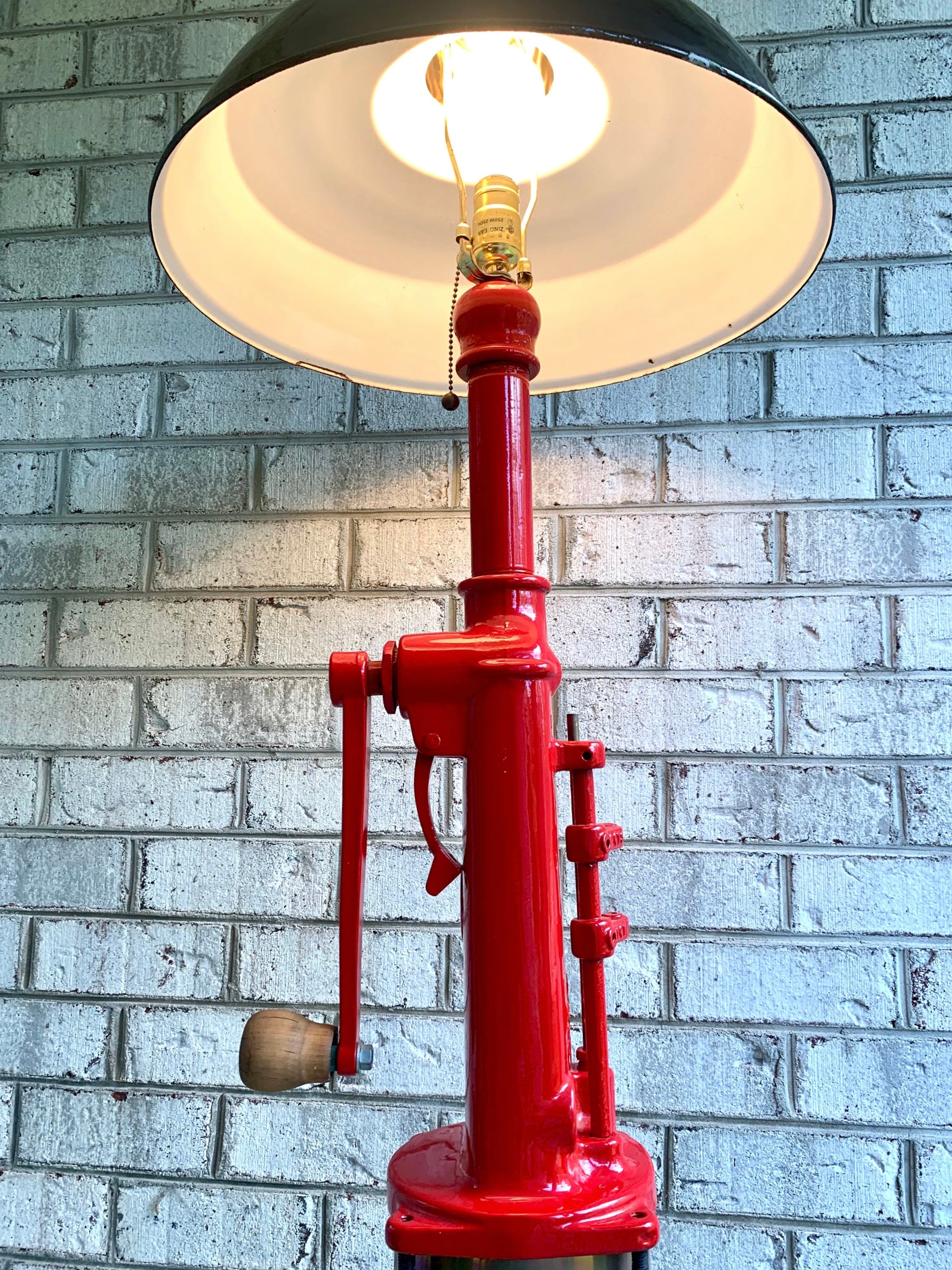 Antique Gasoline/Oil Hand Pump Lamp | Unique Petroleum Pump Lamp | Red and Black Hand Crank Gas Pump Floor Lamp | Garage Lamp