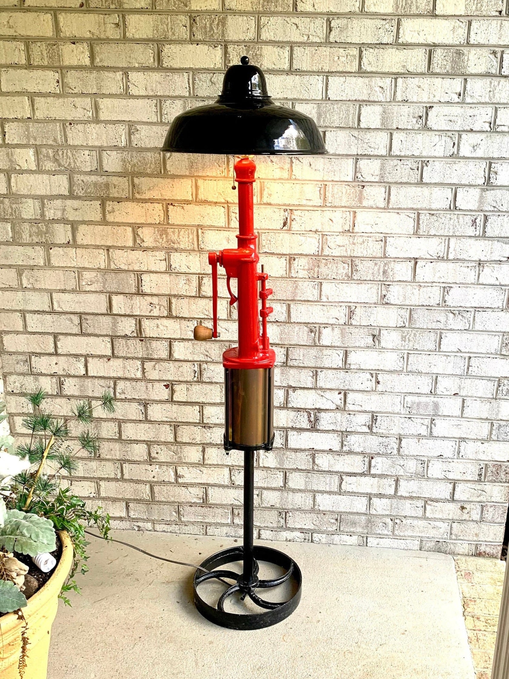 Antique Gasoline/Oil Hand Pump Lamp | Unique Petroleum Pump Lamp | Red and Black Hand Crank Gas Pump Floor Lamp | Garage Lamp