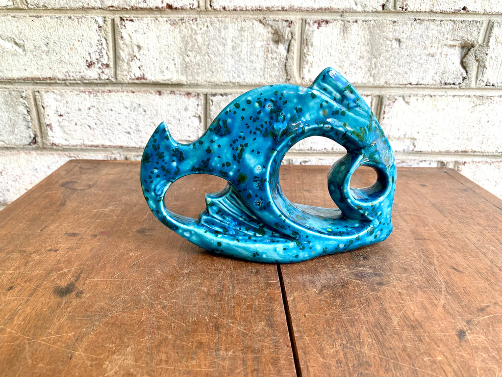 Mid Century Modern Abstract Ceramic Fish | Blue Speckled Art Deco Fish Sculpture | Ceramic Blue Speckled Fish Decor | MCM Bookshelf Deco
