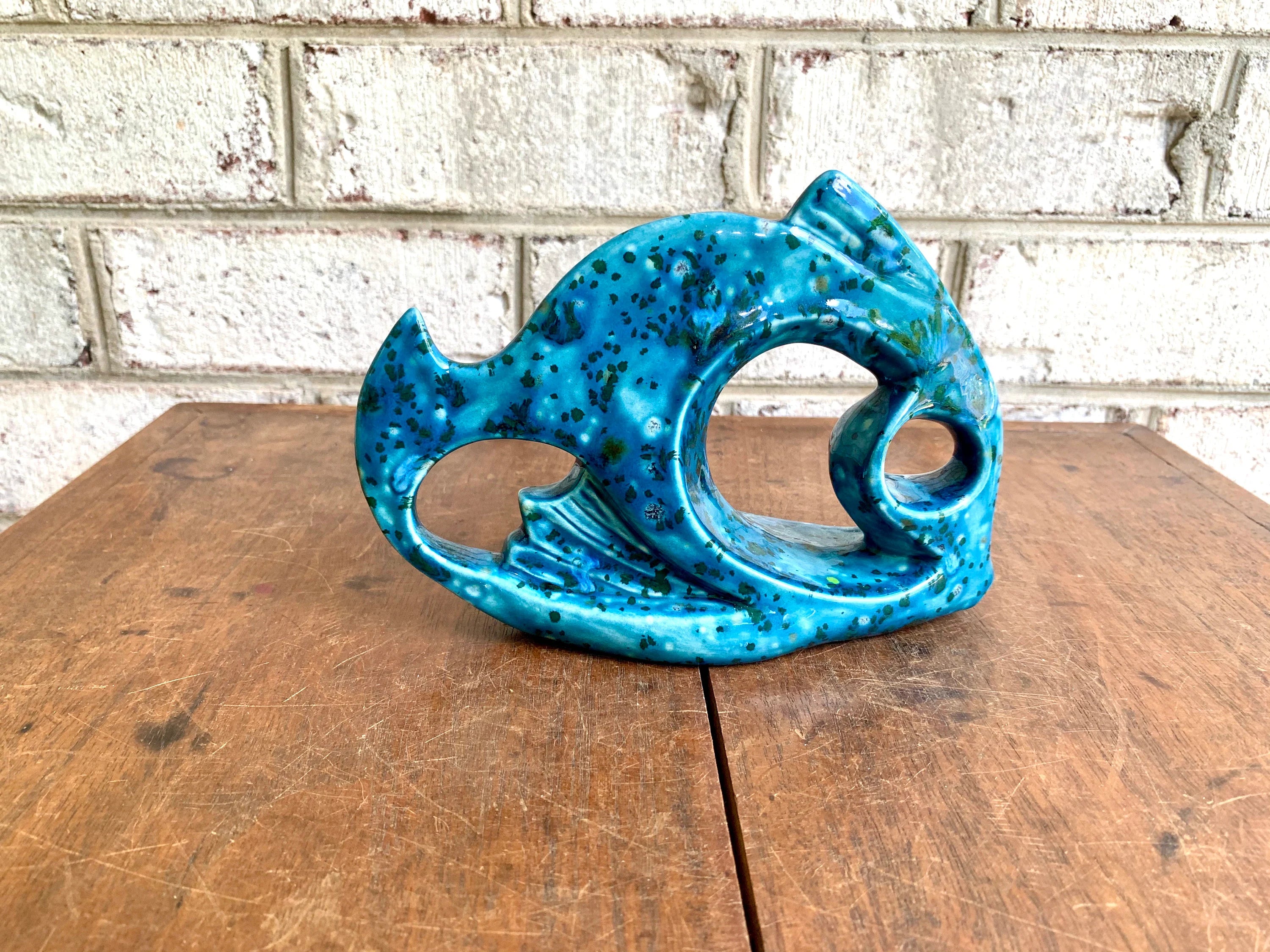 Mid Century Modern Abstract Ceramic Fish | Blue Speckled Art Deco Fish Sculpture | Ceramic Blue Speckled Fish Decor | MCM Bookshelf Deco