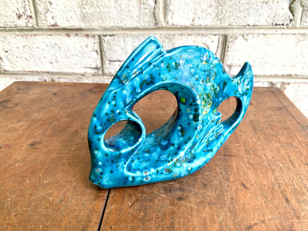 Mid Century Modern Abstract Ceramic Fish | Blue Speckled Art Deco Fish Sculpture | Ceramic Blue Speckled Fish Decor | MCM Bookshelf Deco