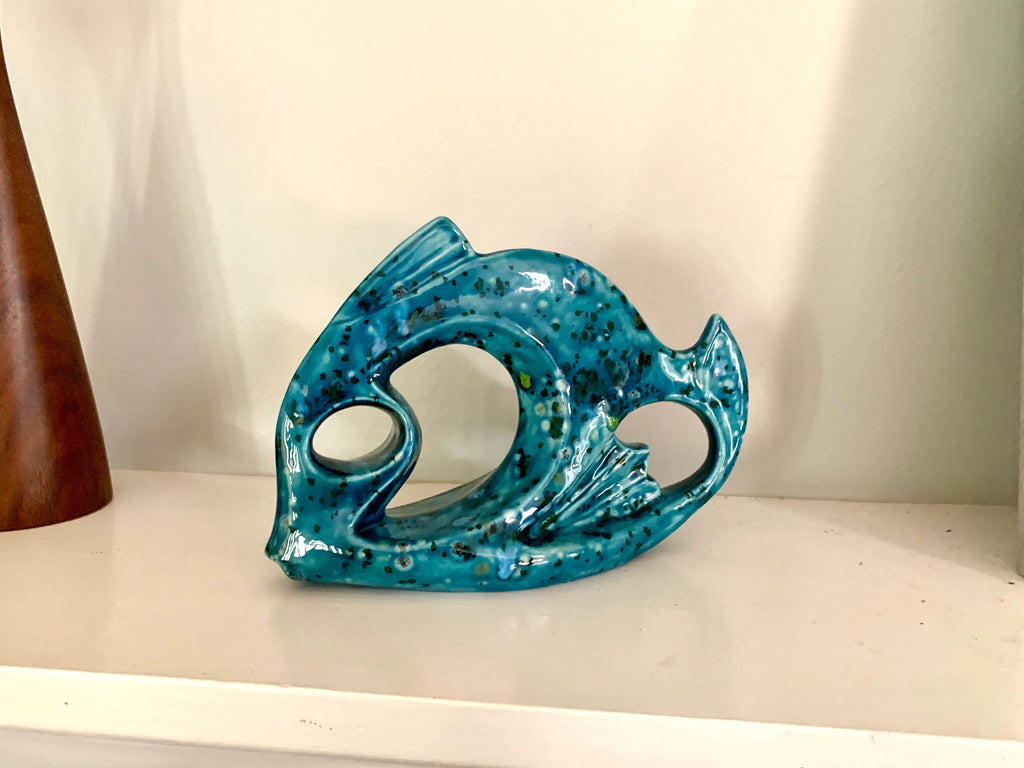Mid Century Modern Abstract Ceramic Fish | Blue Speckled Art Deco Fish Sculpture | Ceramic Blue Speckled Fish Decor | MCM Bookshelf Deco