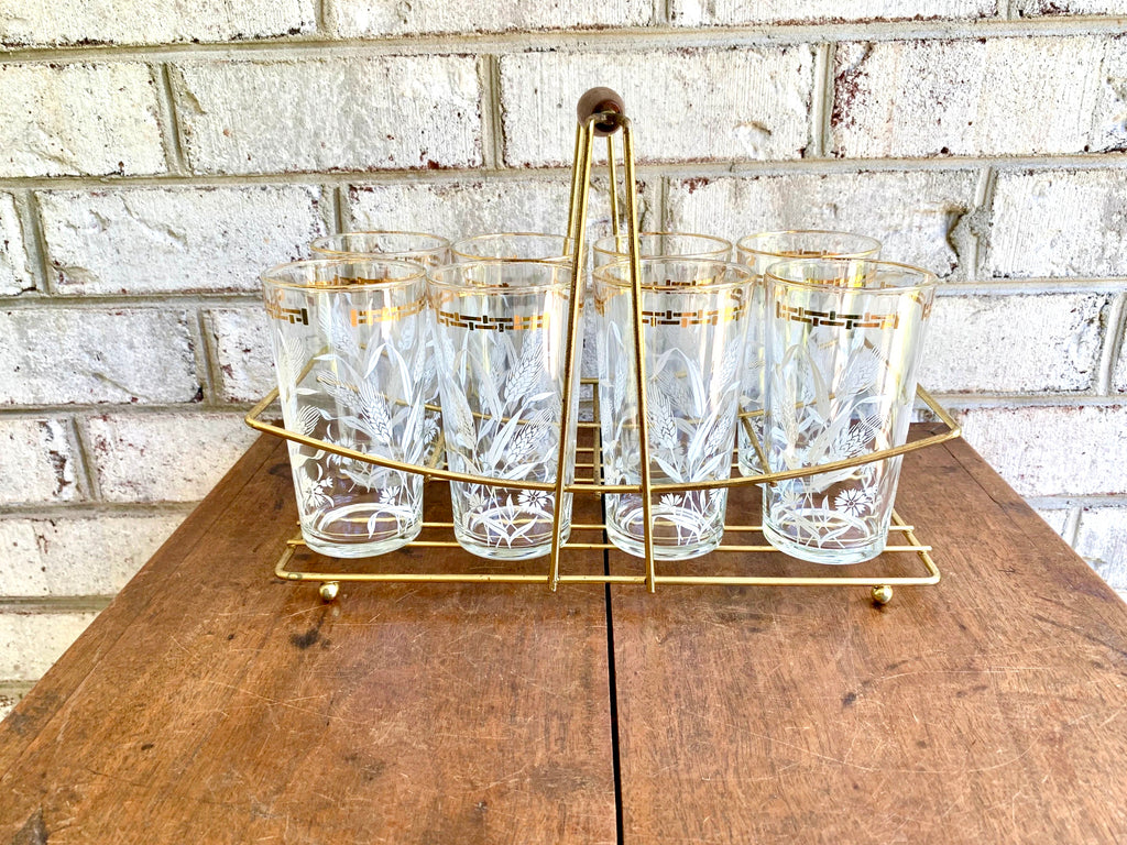 Set of Wheat and Corn Flower Drinking Glasses with MCM Caddy | Gold Rimmed MCM Drinking Glasses | MCM Barware