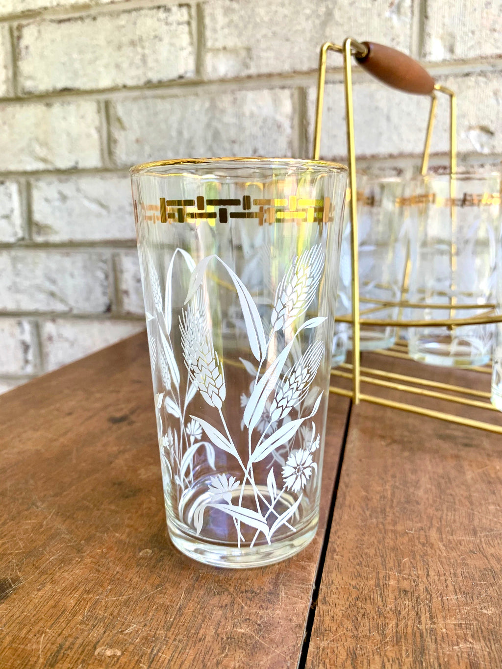 Set of Wheat and Corn Flower Drinking Glasses with MCM Caddy | Gold Rimmed MCM Drinking Glasses | MCM Barware