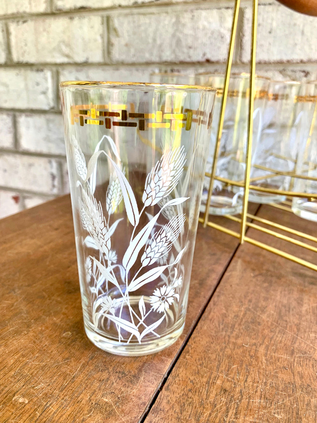 Set of Wheat and Corn Flower Drinking Glasses with MCM Caddy | Gold Rimmed MCM Drinking Glasses | MCM Barware