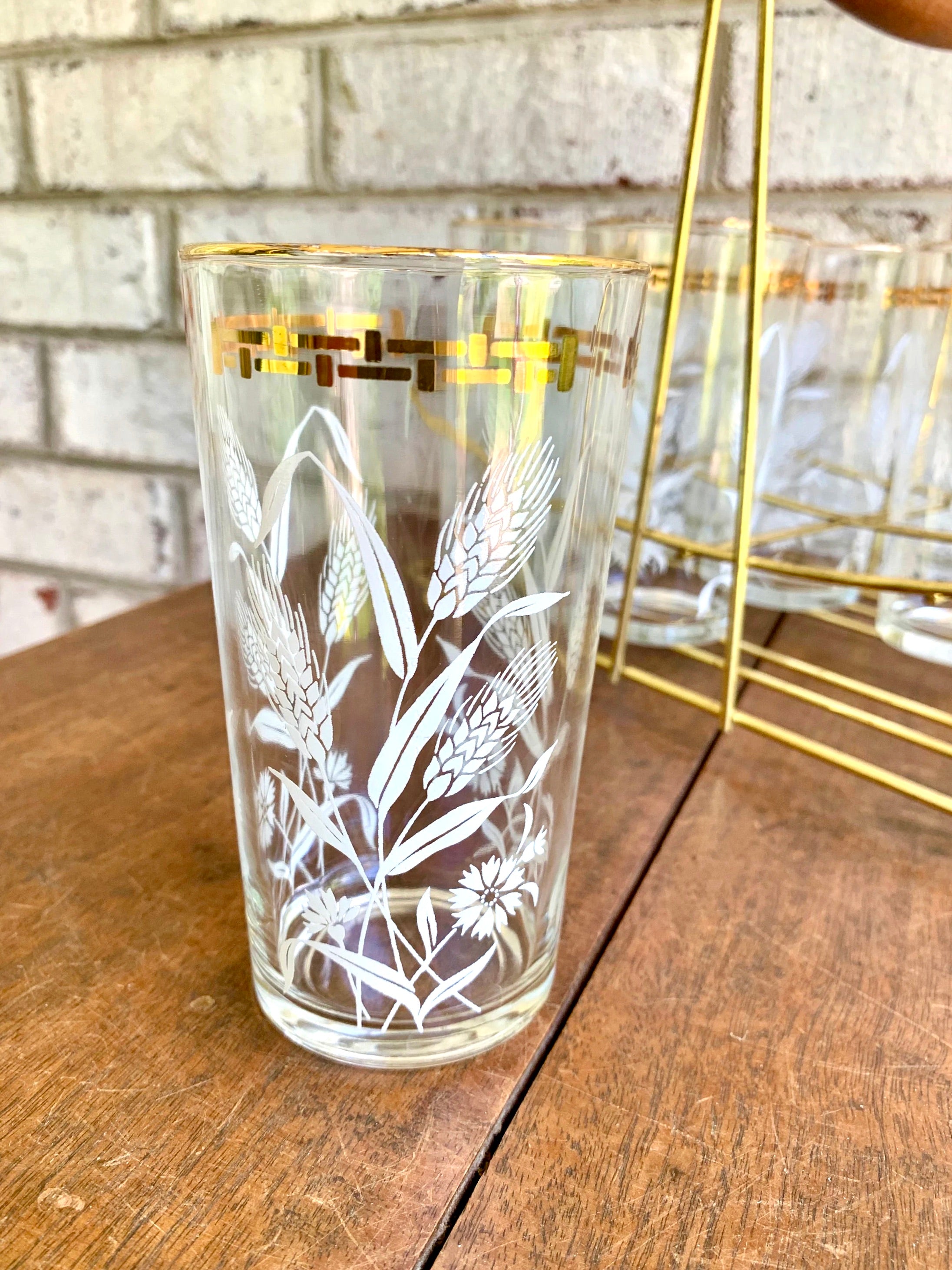 Set of Wheat and Corn Flower Drinking Glasses with MCM Caddy | Gold Rimmed MCM Drinking Glasses | MCM Barware