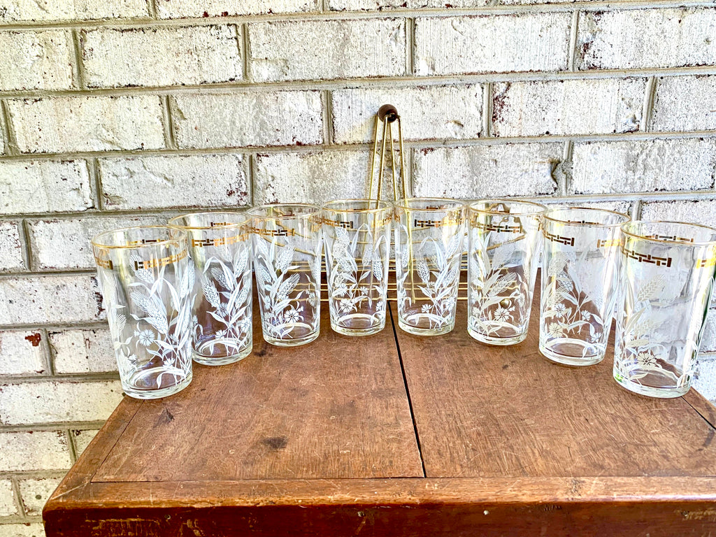 Set of Wheat and Corn Flower Drinking Glasses with MCM Caddy | Gold Rimmed MCM Drinking Glasses | MCM Barware