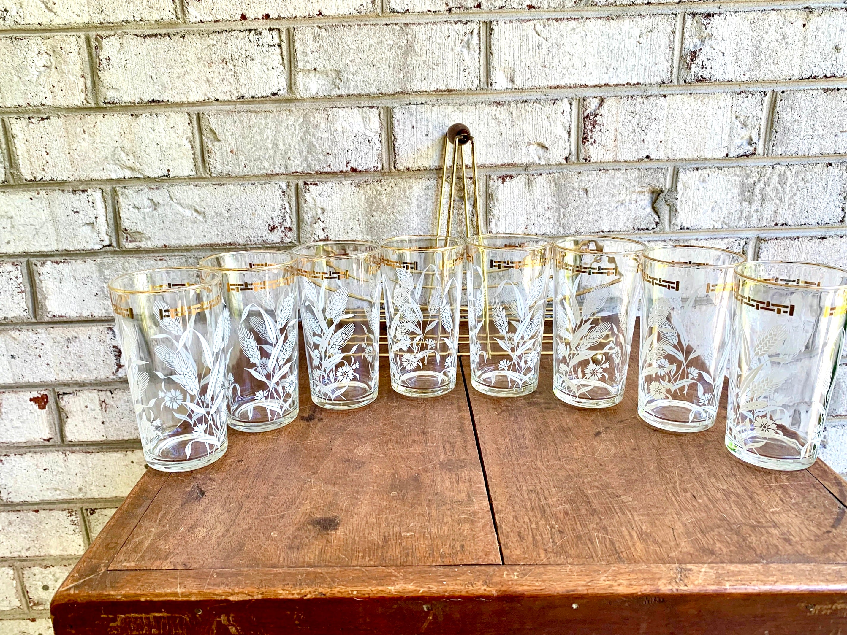 Set of Wheat and Corn Flower Drinking Glasses with MCM Caddy | Gold Rimmed MCM Drinking Glasses | MCM Barware