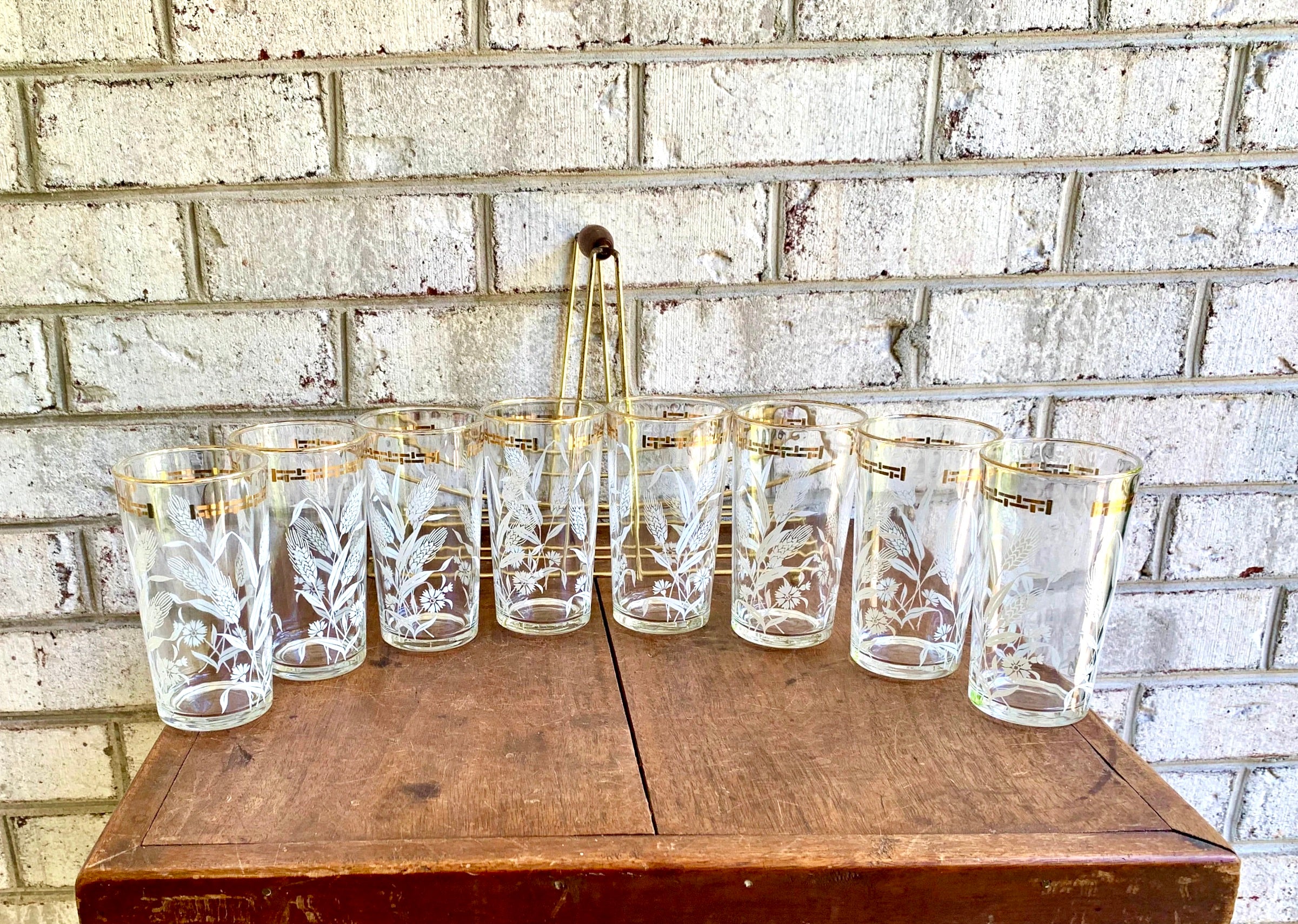 Set of Wheat and Corn Flower Drinking Glasses with MCM Caddy | Gold Rimmed MCM Drinking Glasses | MCM Barware