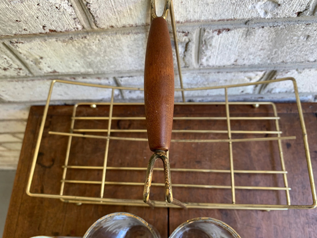 Set of Wheat and Corn Flower Drinking Glasses with MCM Caddy | Gold Rimmed MCM Drinking Glasses | MCM Barware