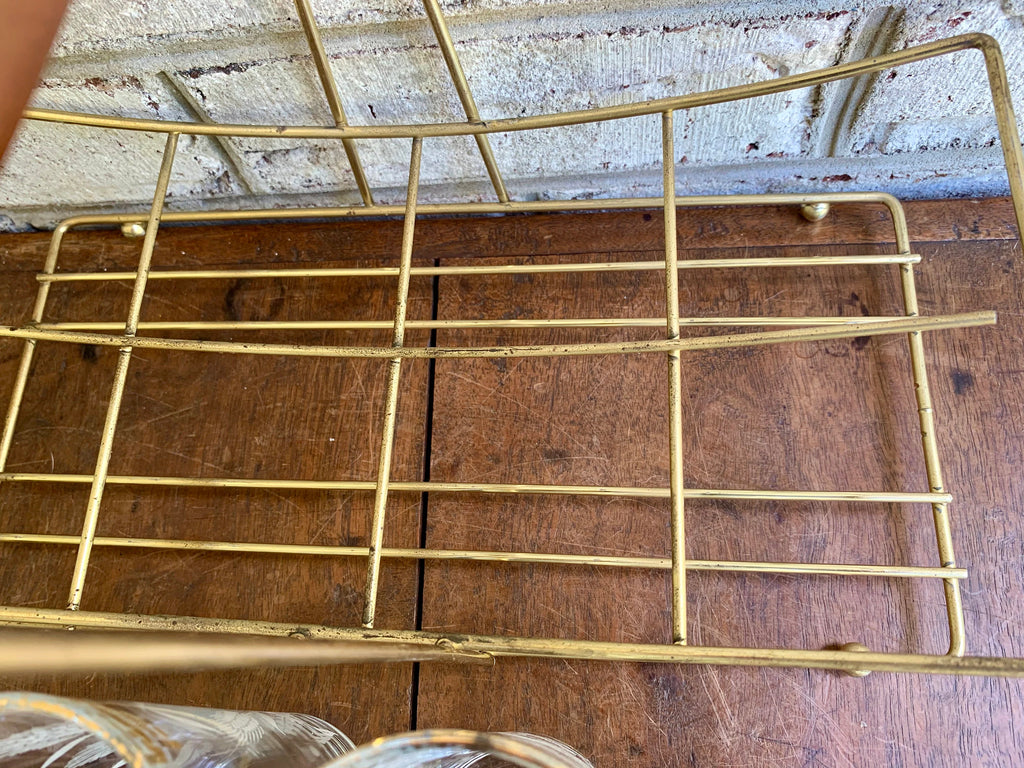 Set of Wheat and Corn Flower Drinking Glasses with MCM Caddy | Gold Rimmed MCM Drinking Glasses | MCM Barware