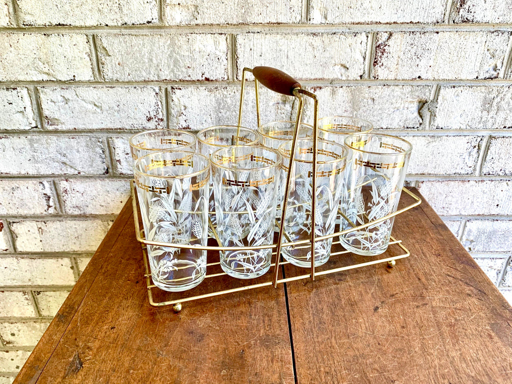 Set of Wheat and Corn Flower Drinking Glasses with MCM Caddy | Gold Rimmed MCM Drinking Glasses | MCM Barware