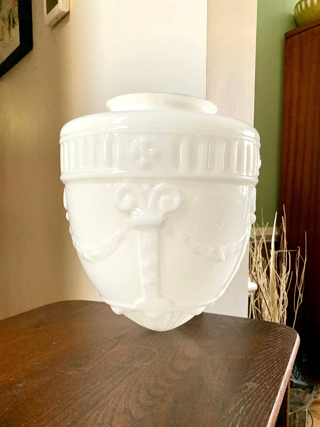 Large White Art Deco Glass Globe | Hollywood Regency Light Fixture Globe