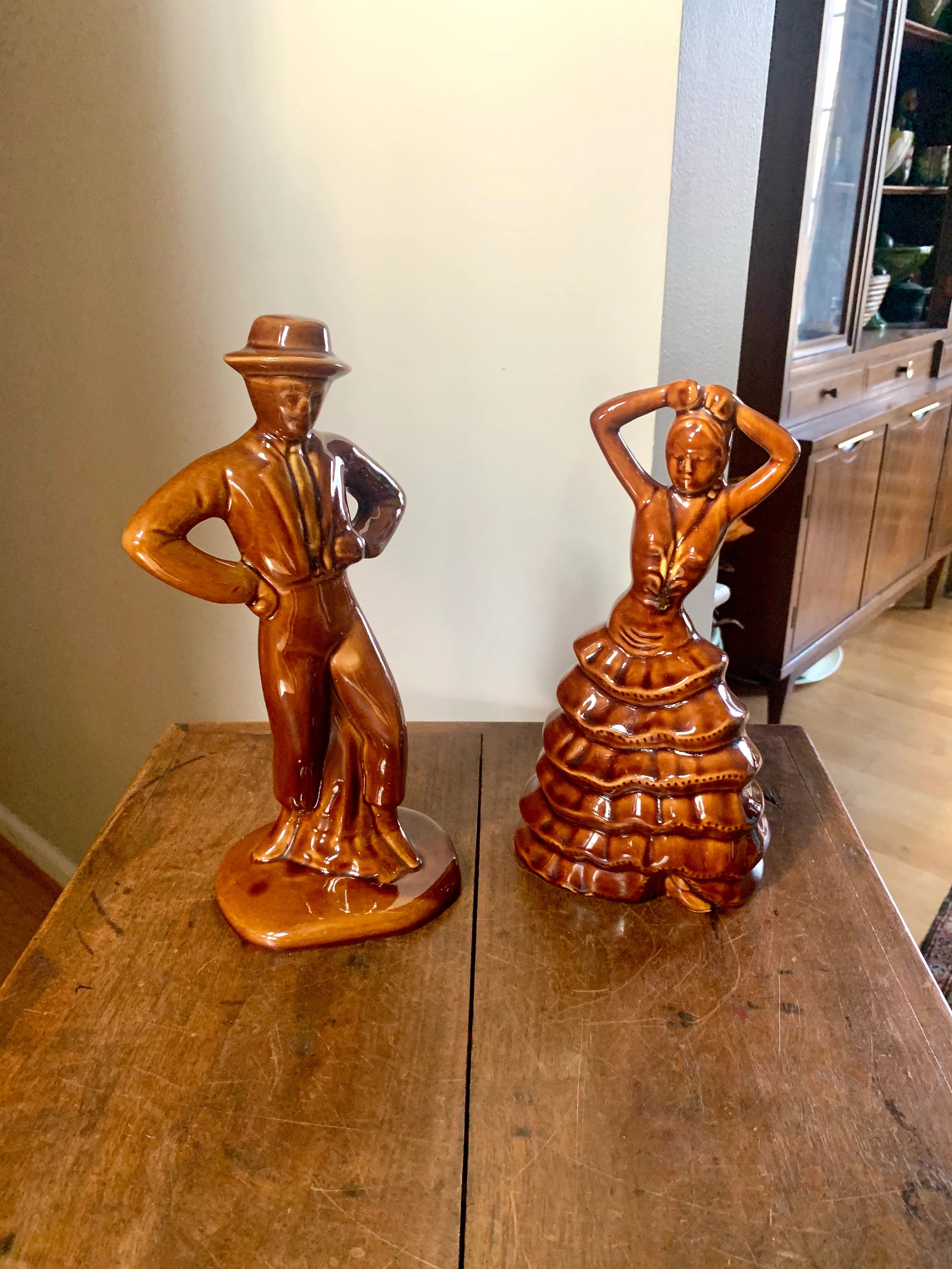 A Pair of California Pottery Brown Ceramic Spanish Flamenco Dancers | Flamenco Dancers Ceramic Figurines | Spanish Decor