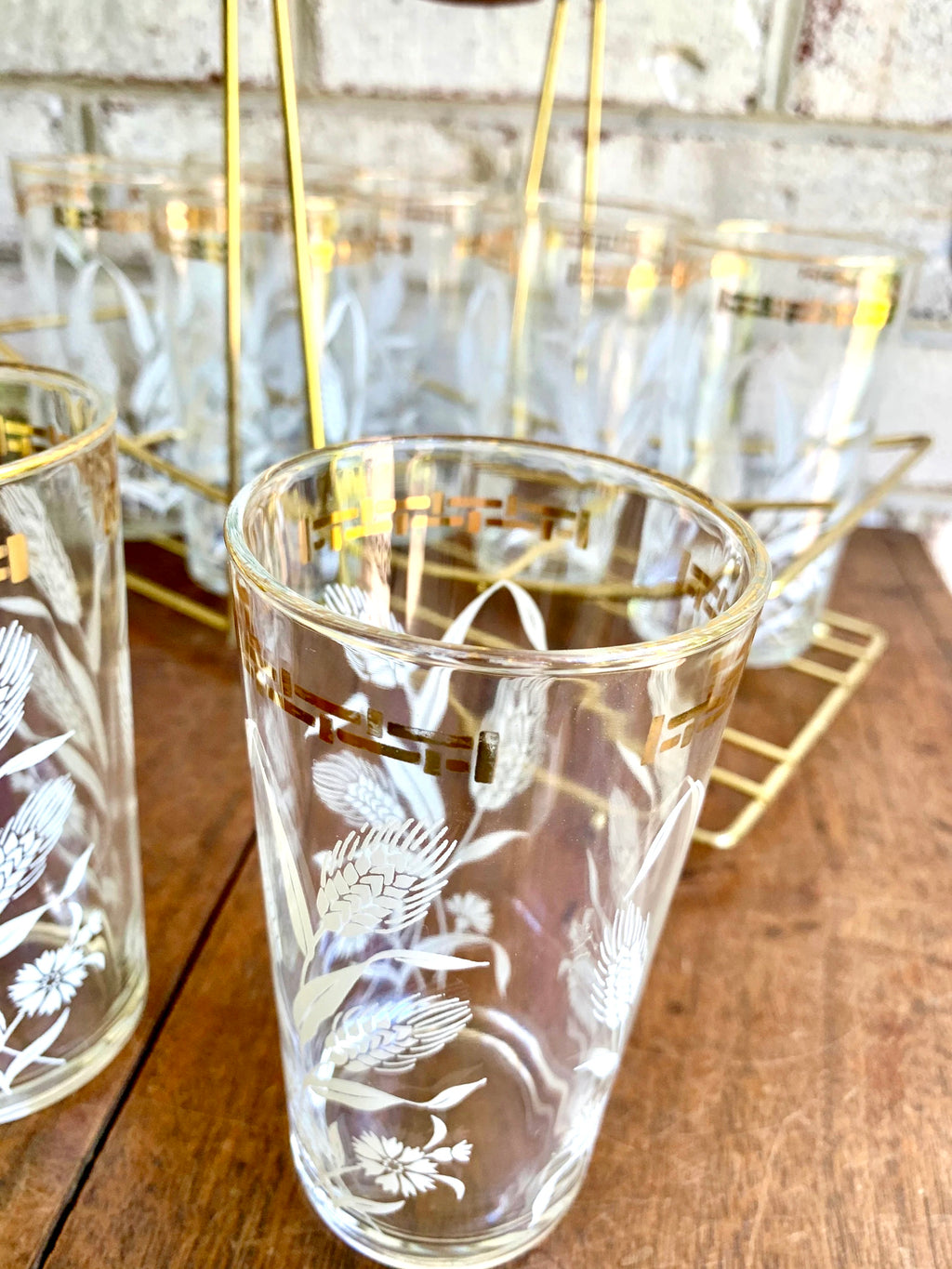 Set of Wheat and Corn Flower Drinking Glasses with MCM Caddy | Gold Rimmed MCM Drinking Glasses | MCM Barware