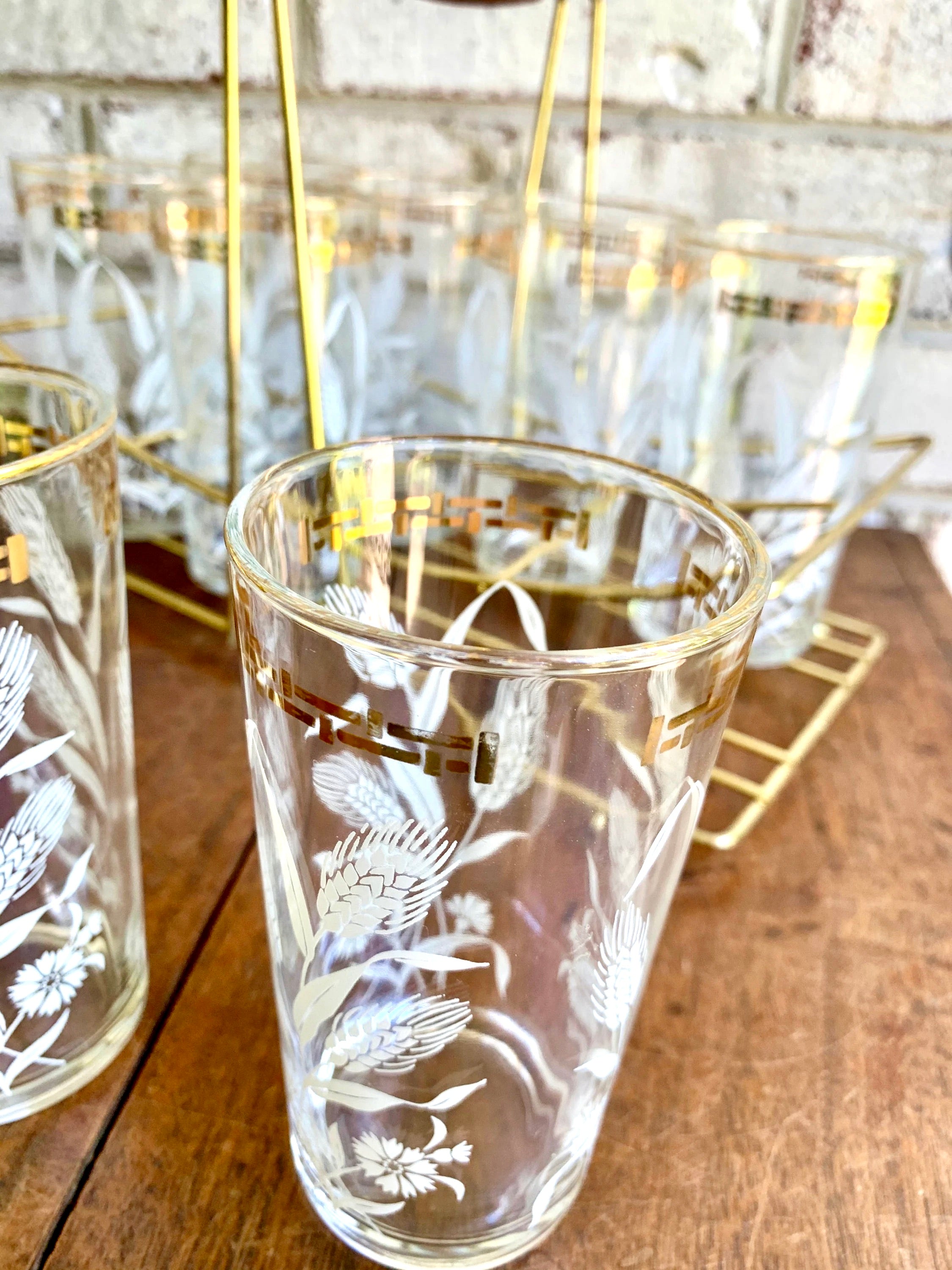 Set of Wheat and Corn Flower Drinking Glasses with MCM Caddy | Gold Rimmed MCM Drinking Glasses | MCM Barware