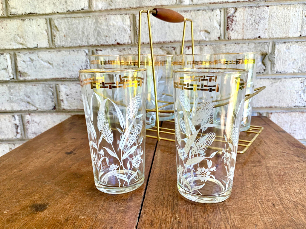 Set of Wheat and Corn Flower Drinking Glasses with MCM Caddy | Gold Rimmed MCM Drinking Glasses | MCM Barware