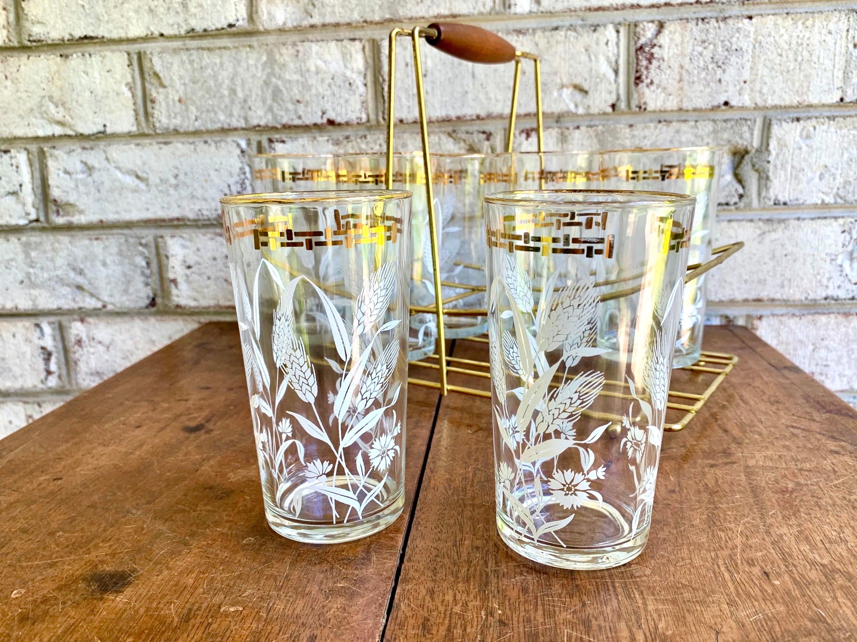 Set of Wheat and Corn Flower Drinking Glasses with MCM Caddy | Gold Rimmed MCM Drinking Glasses | MCM Barware