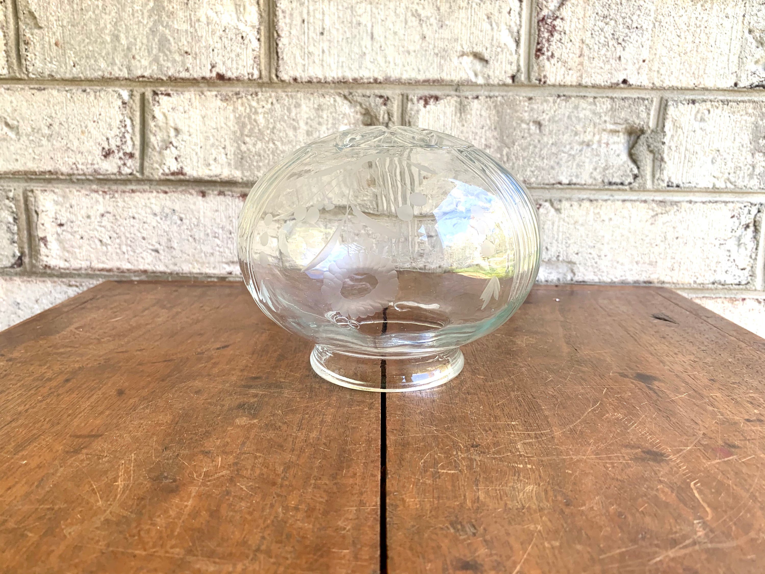 Vtg Etched Glass Floral Ceiling Light Globe | Clear Etched Glass Lamp Globe | Mid Century Etched Glass Globe