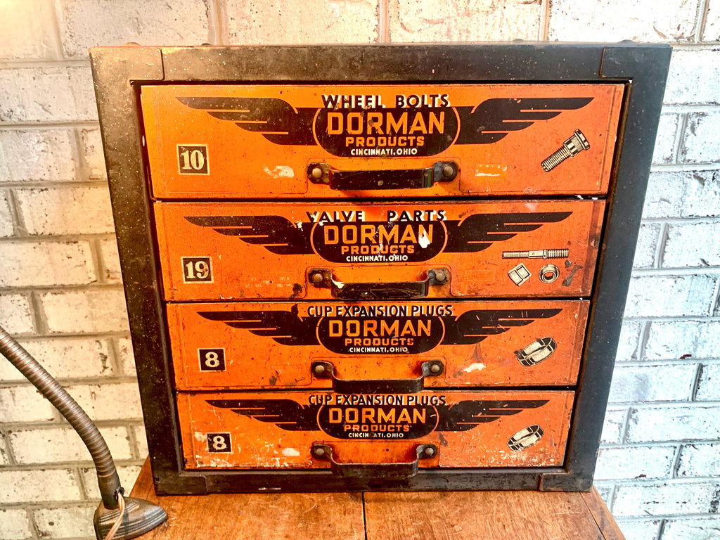 Vintage Dorman Products Parts Bin | Heavy Duty 4 Drawer Parts Bin | Industrial Advertisement Parts Cabinet | Automotive Parts Cabinet