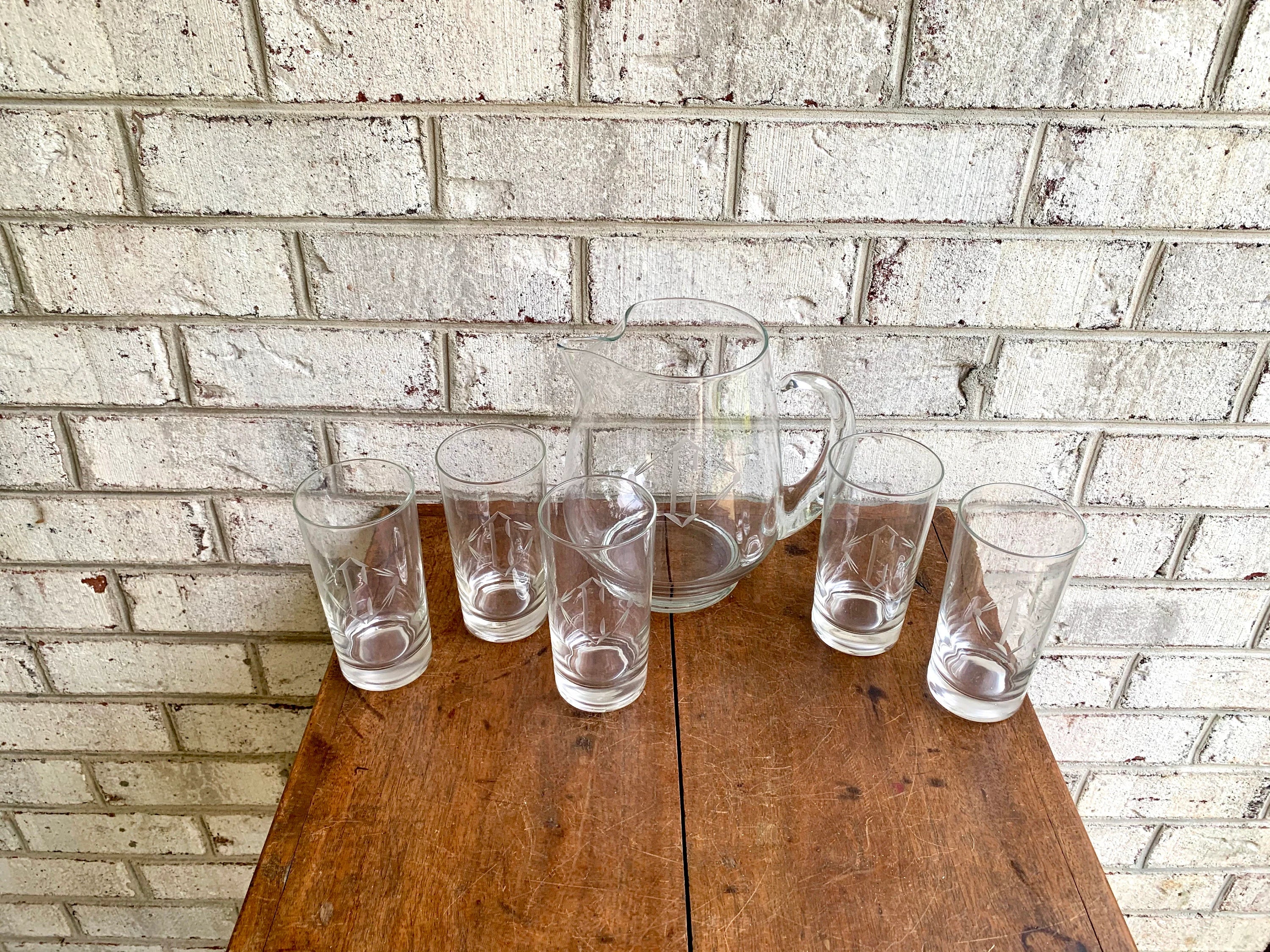 Vtg Set of 5 Etched Glasses with Matching Pitcher | Etched Monogrammed "C" Drinking Glass and Pitcher Set