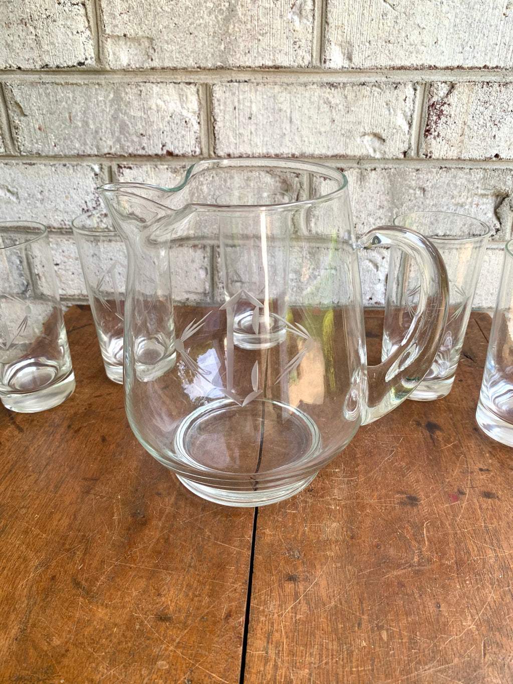 Vtg Set of 5 Etched Glasses with Matching Pitcher | Etched Monogrammed "C" Drinking Glass and Pitcher Set