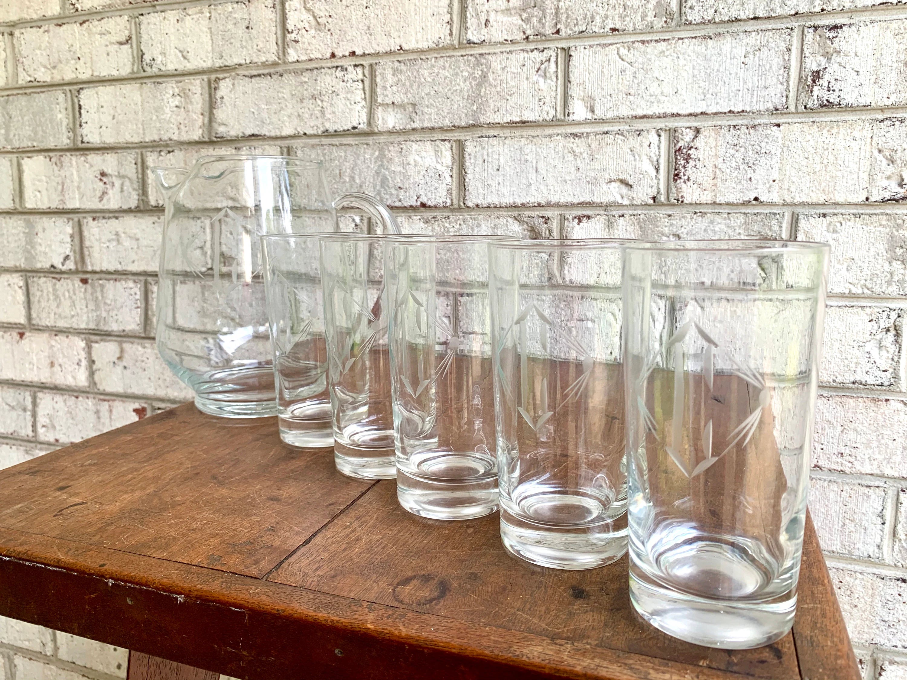 Vtg Set of 5 Etched Glasses with Matching Pitcher | Etched Monogrammed "C" Drinking Glass and Pitcher Set