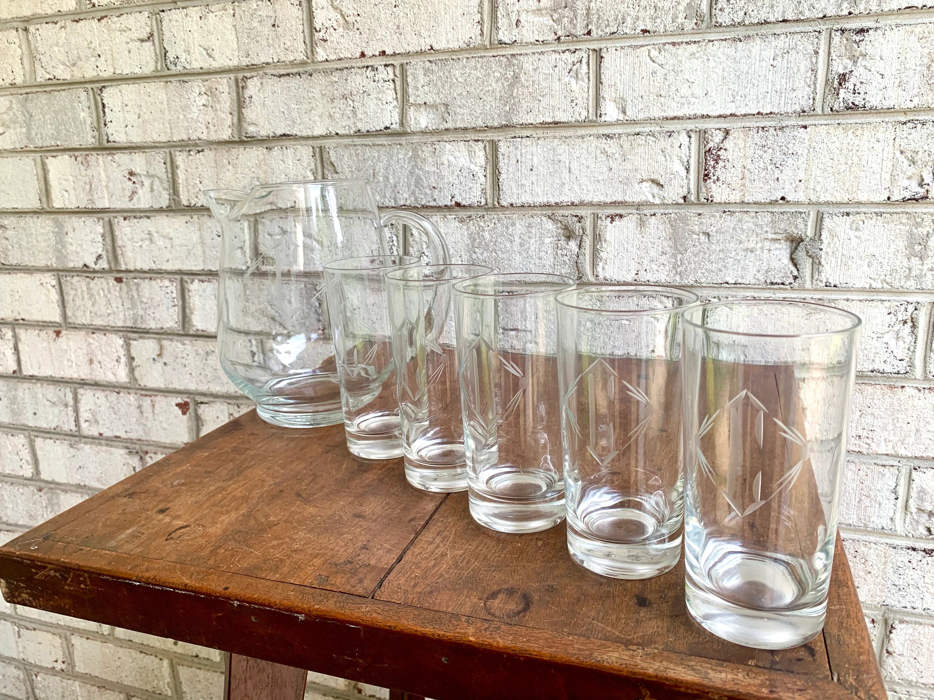 Vtg Set of 5 Etched Glasses with Matching Pitcher | Etched Monogrammed "C" Drinking Glass and Pitcher Set