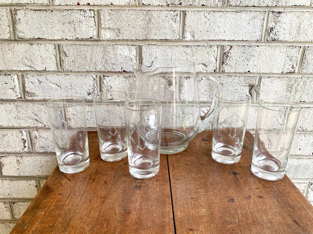 Vtg Set of 5 Etched Glasses with Matching Pitcher | Etched Monogrammed "C" Drinking Glass and Pitcher Set