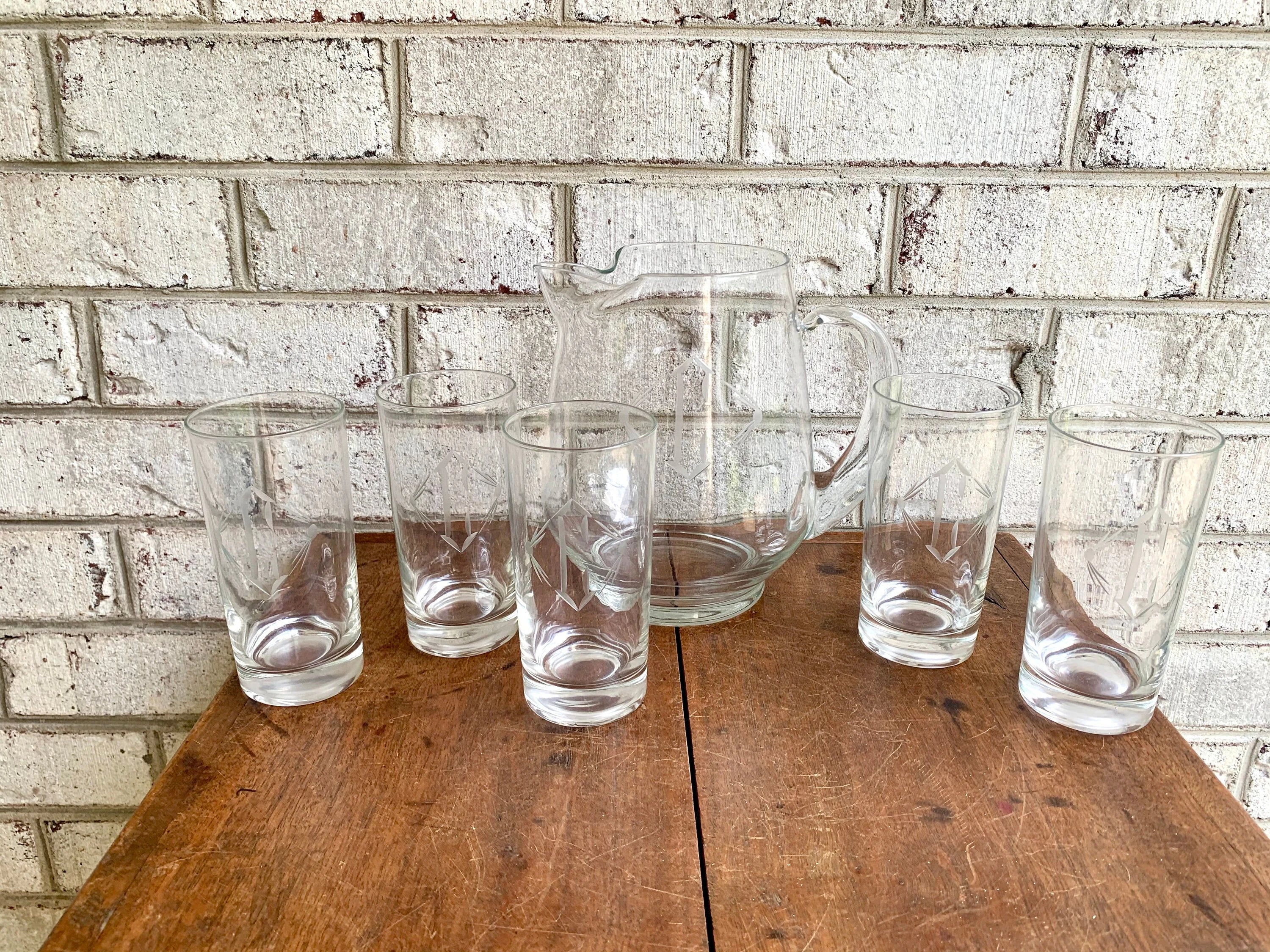 Vtg Set of 5 Etched Glasses with Matching Pitcher | Etched Monogrammed "C" Drinking Glass and Pitcher Set