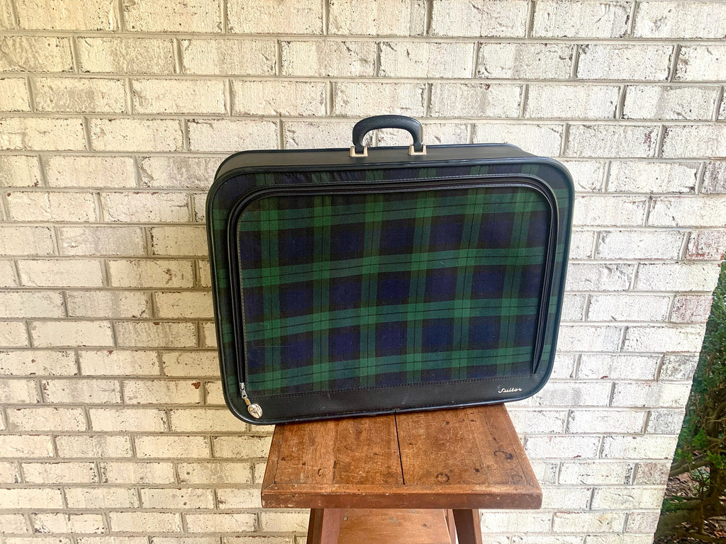 Vtg Plaid Grasshopper Suitcase | Double Sided Soft Suitcase | MCM Suitcase | Blue and Green Plaid Suitcase