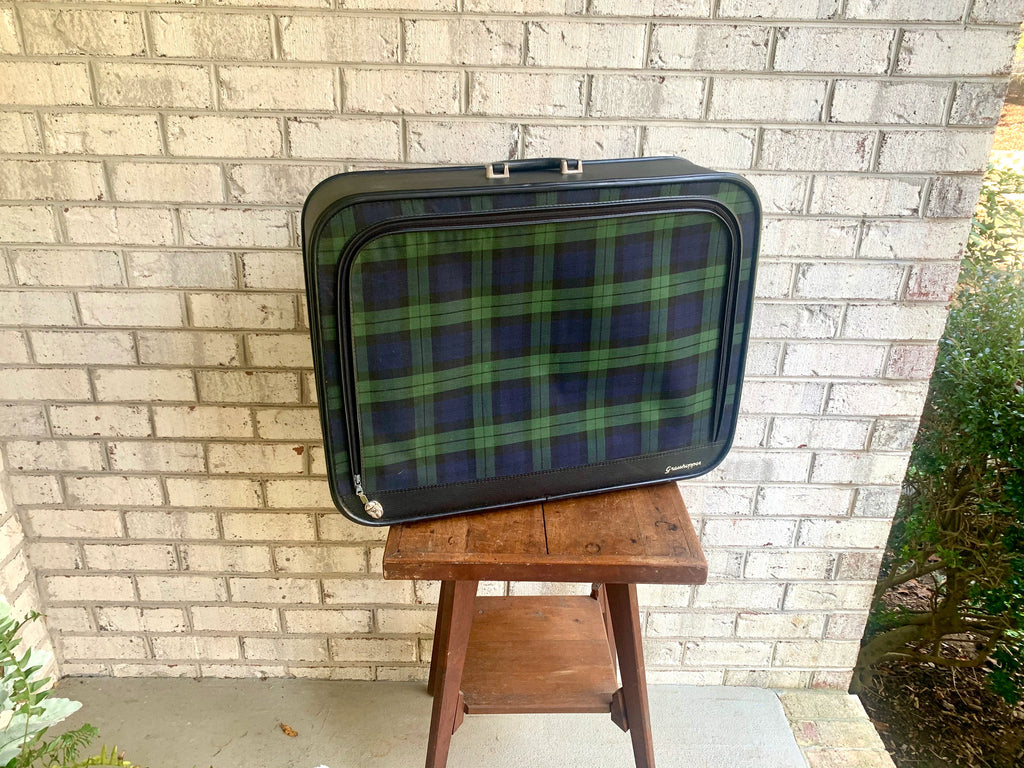 Vtg Plaid Grasshopper Suitcase | Double Sided Soft Suitcase | MCM Suitcase | Blue and Green Plaid Suitcase