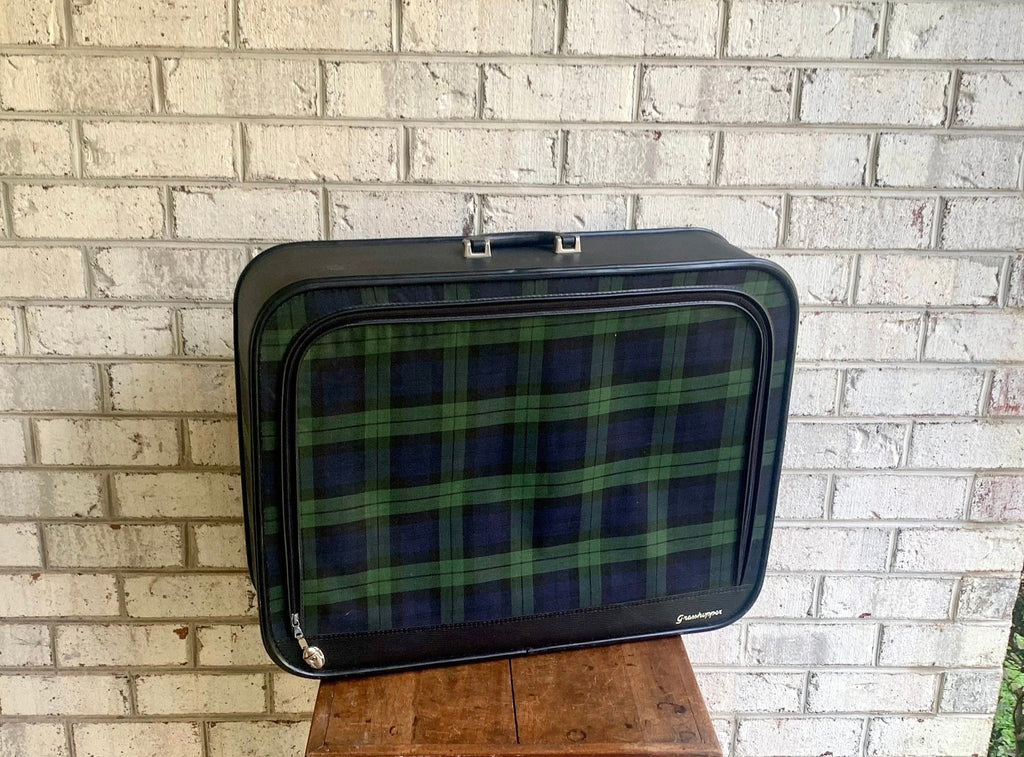 Vtg Plaid Grasshopper Suitcase | Double Sided Soft Suitcase | MCM Suitcase | Blue and Green Plaid Suitcase