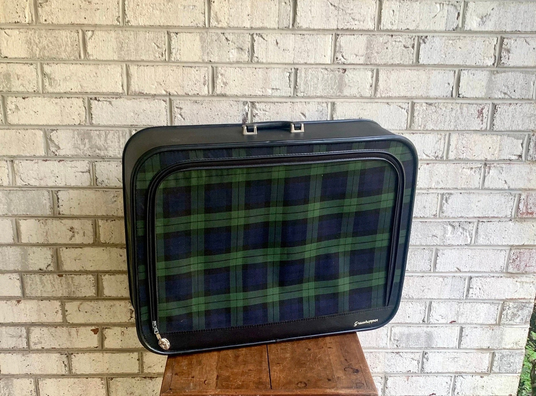 Vtg Plaid Grasshopper Suitcase | Double Sided Soft Suitcase | MCM Suitcase | Blue and Green Plaid Suitcase