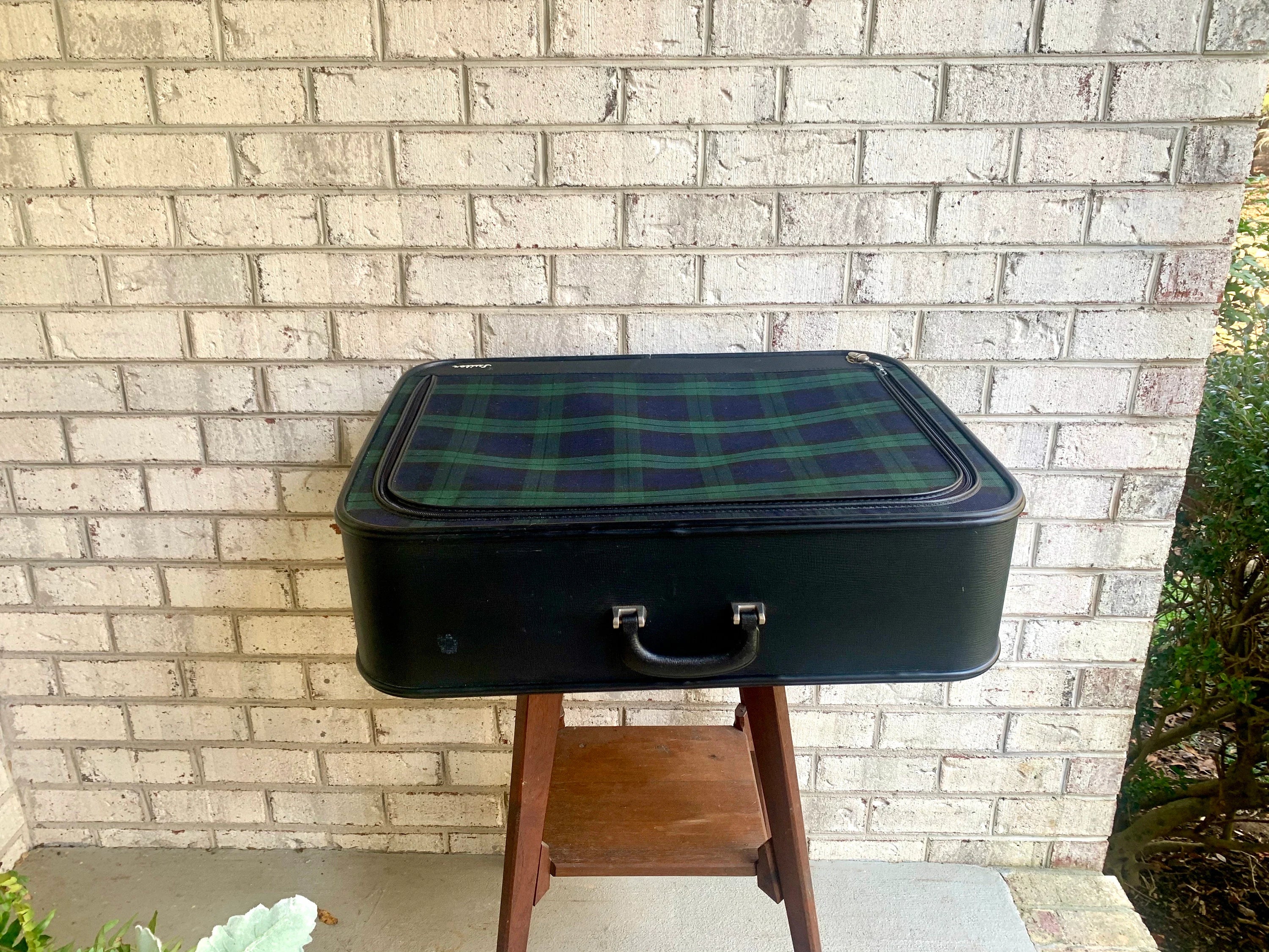Vtg Plaid Grasshopper Suitcase | Double Sided Soft Suitcase | MCM Suitcase | Blue and Green Plaid Suitcase