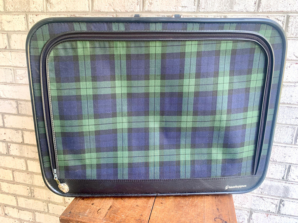 Vtg Plaid Grasshopper Suitcase | Double Sided Soft Suitcase | MCM Suitcase | Blue and Green Plaid Suitcase