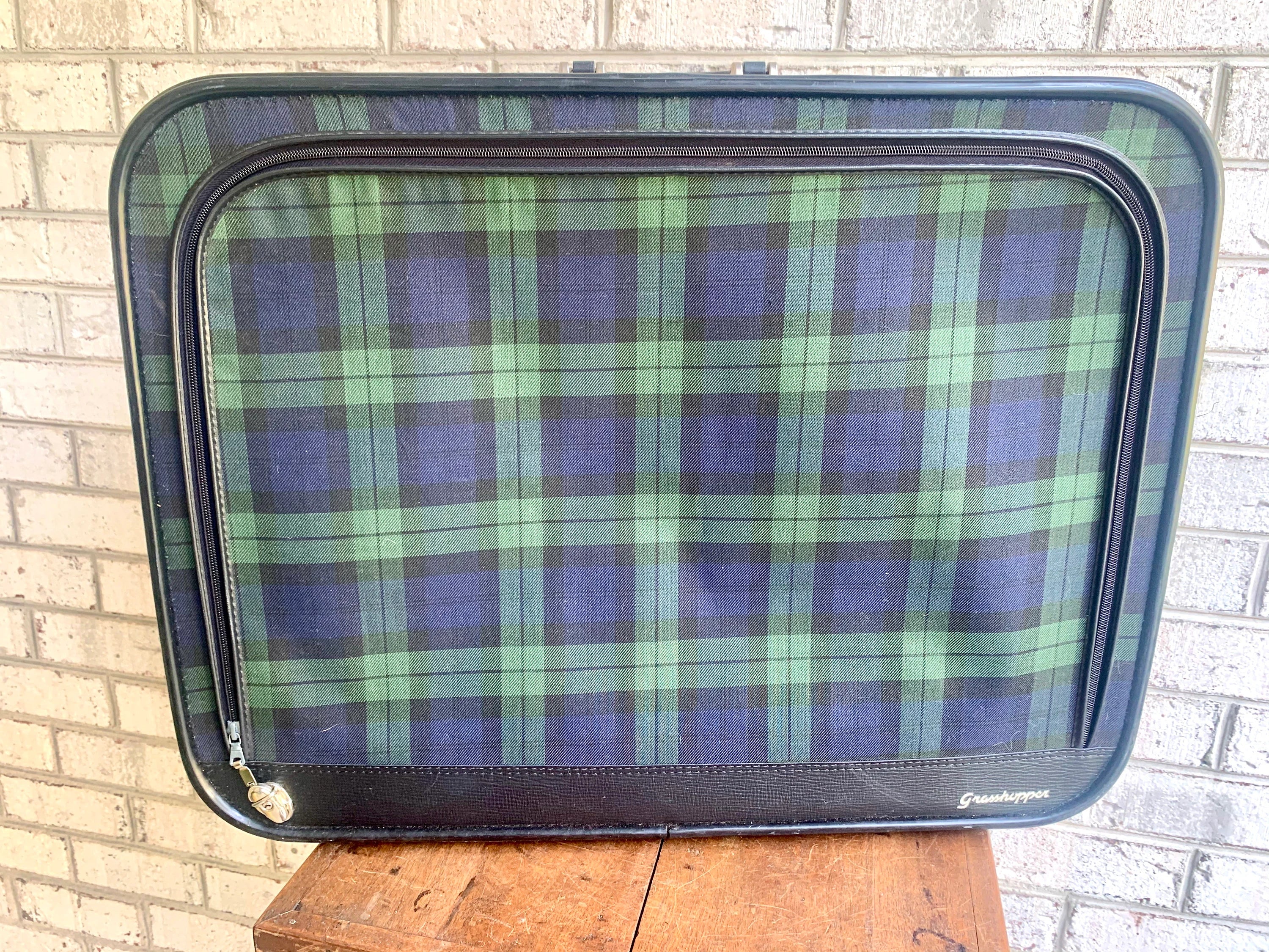Vtg Plaid Grasshopper Suitcase | Double Sided Soft Suitcase | MCM Suitcase | Blue and Green Plaid Suitcase