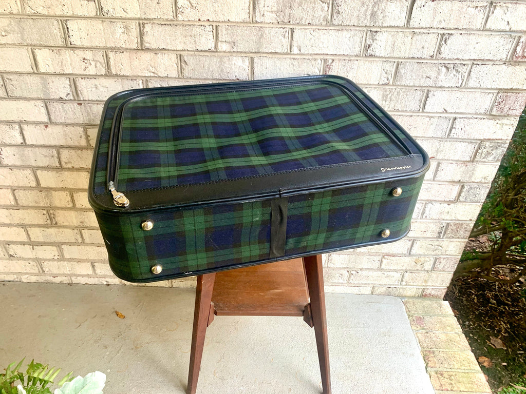 Vtg Plaid Grasshopper Suitcase | Double Sided Soft Suitcase | MCM Suitcase | Blue and Green Plaid Suitcase