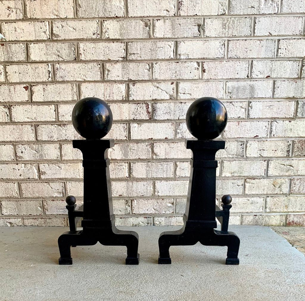Antique Cannonball Cast Iron Andirons | Large Cannonball Firedogs | 20" Heavy Large Andirons