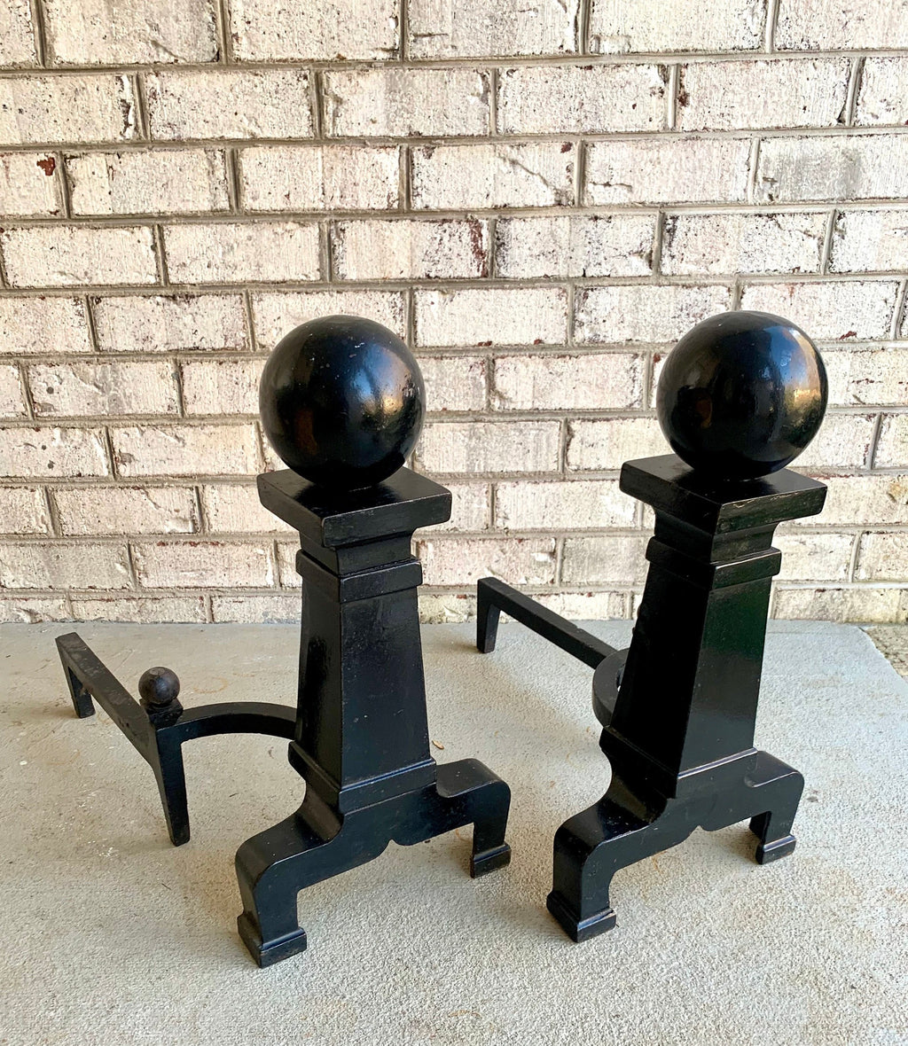 Antique Cannonball Cast Iron Andirons | Large Cannonball Firedogs | 20" Heavy Large Andirons