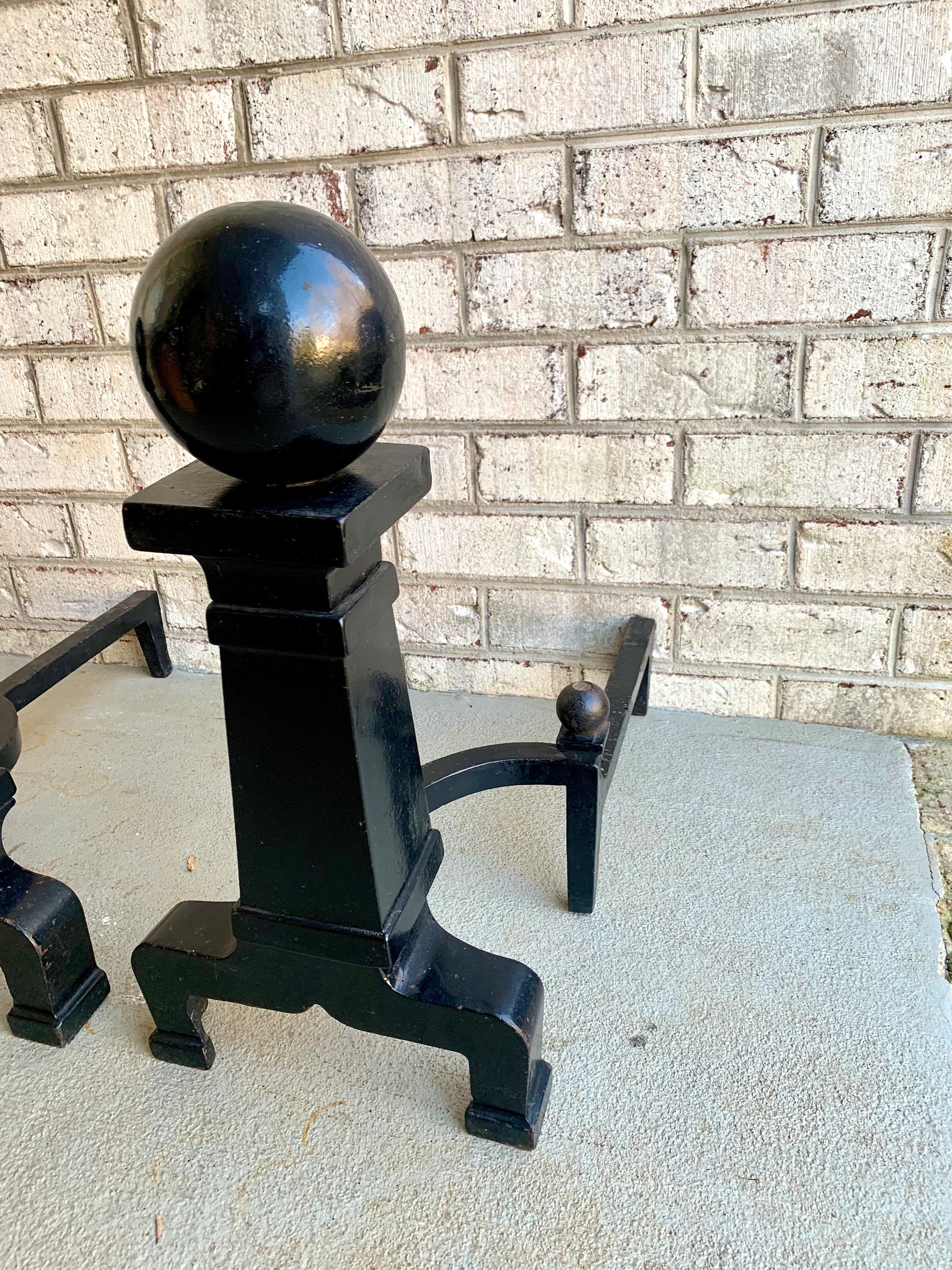 Antique Cannonball Cast Iron Andirons | Large Cannonball Firedogs | 20" Heavy Large Andirons