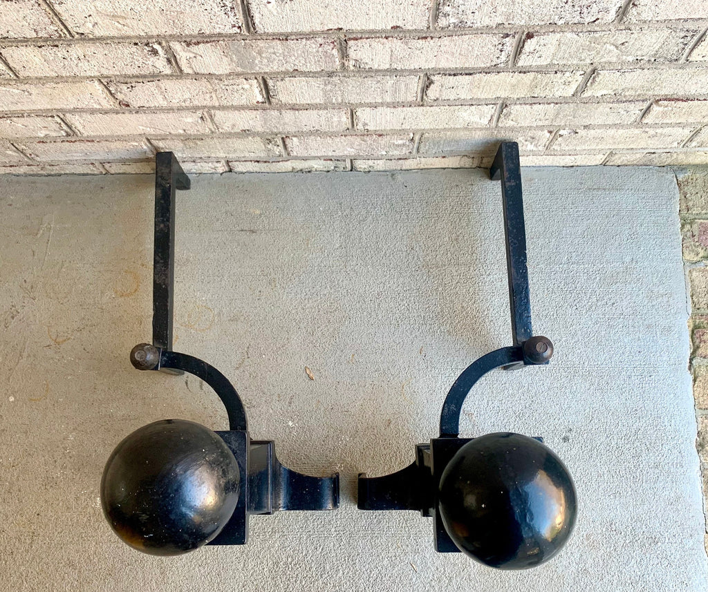 Antique Cannonball Cast Iron Andirons | Large Cannonball Firedogs | 20" Heavy Large Andirons